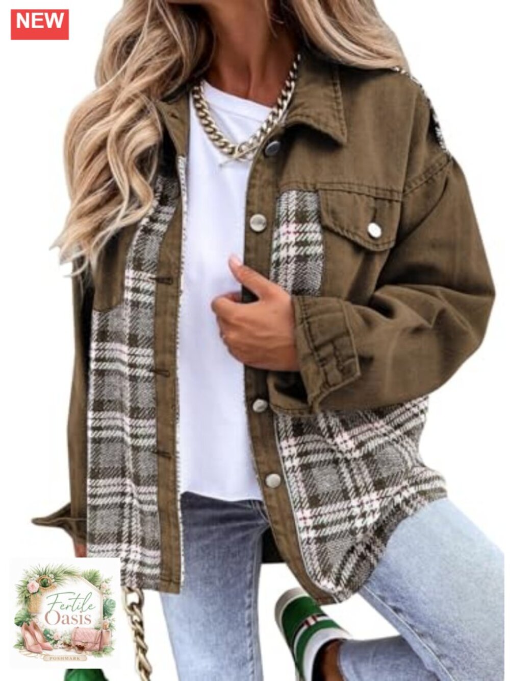 Oversized Plaid Denim Jacket Long Sleeve Button Down Shacket Boyfriend Jean